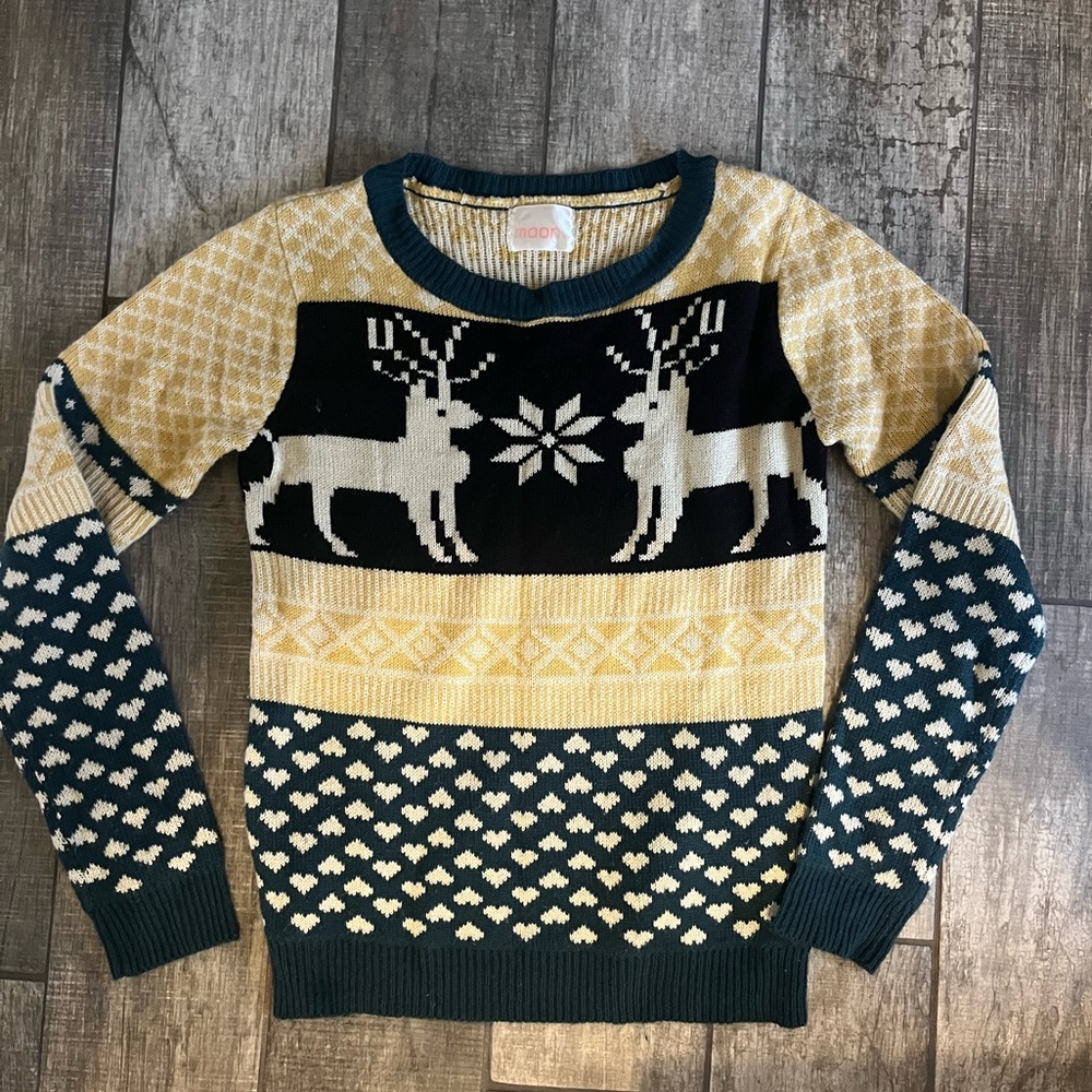 Holiday Christmas Sweater with Yellow and Turquoise Reindeer